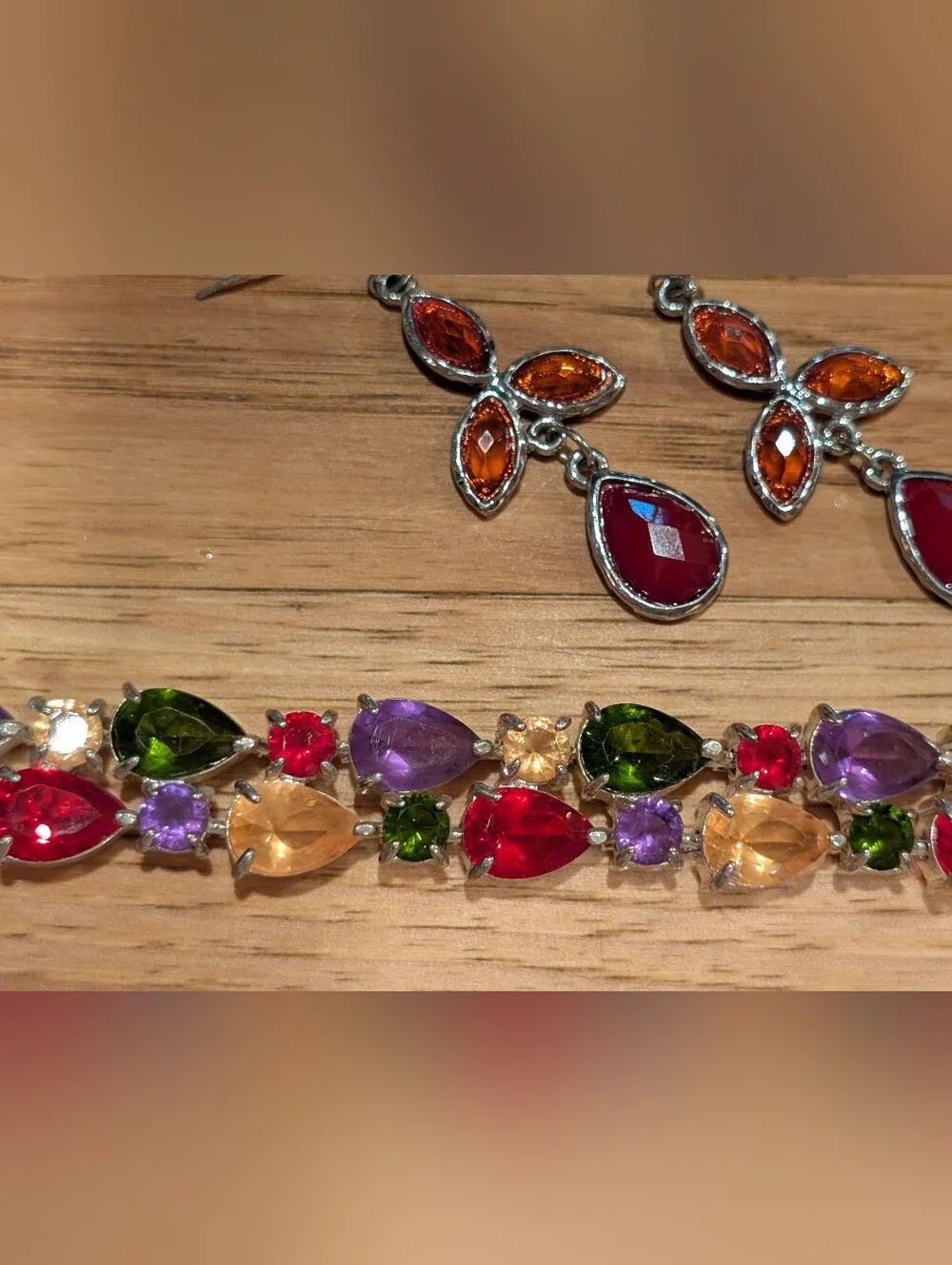 Multi Colored Crystal Teardrop Bracelet — With Matched Earrings